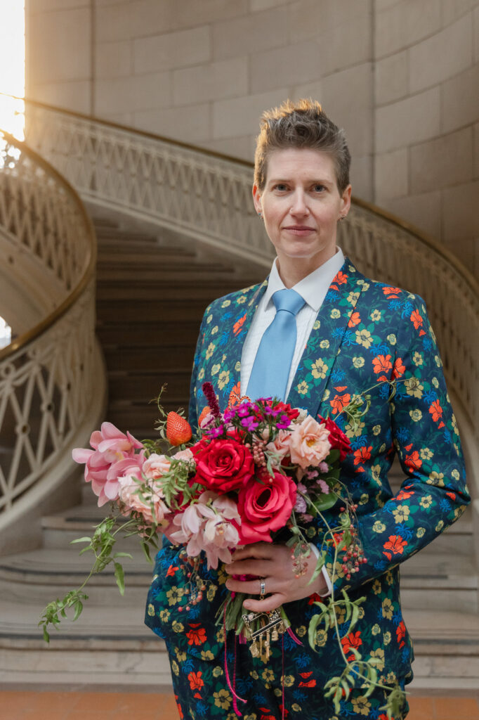 A queer colorful wedding suit at a Hartford City Hall elopement